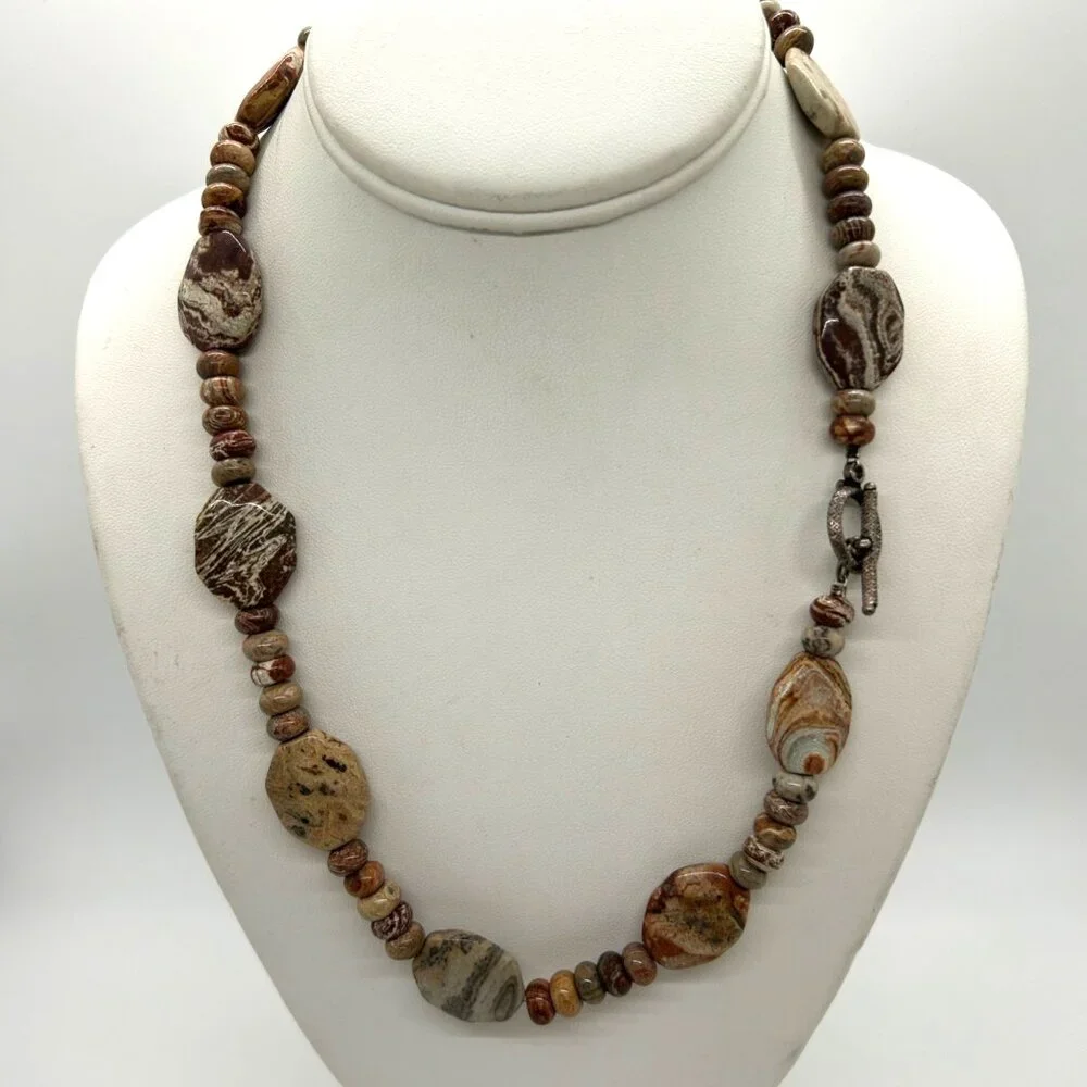 Handcrafted Jasper Necklace Multi-Color Beaded Earth Tone Artisan Stone 20" - Picture 2 of 13